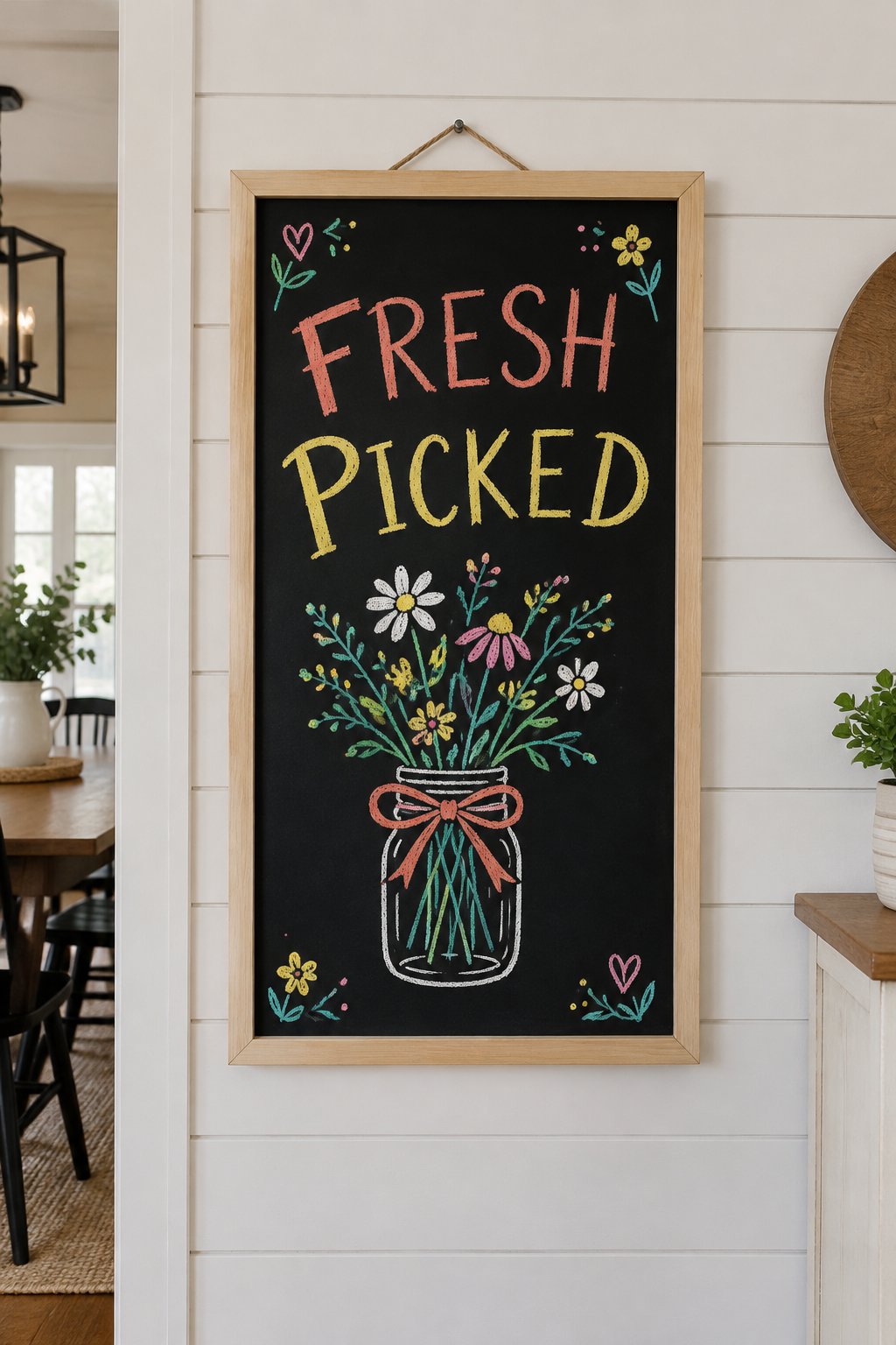 Mason Jar Blooms: a hand-drawn spring chalkboard sign reading "FRESH PICKED".
