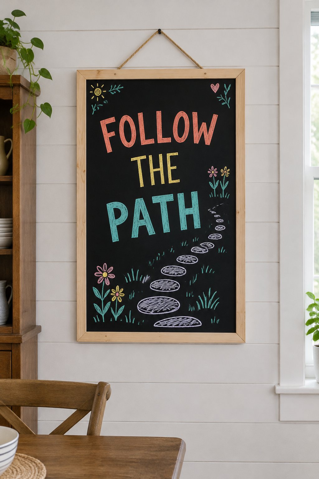 Stepping Stones: a hand-drawn spring chalkboard sign reading "FOLLOW THE PATH".
