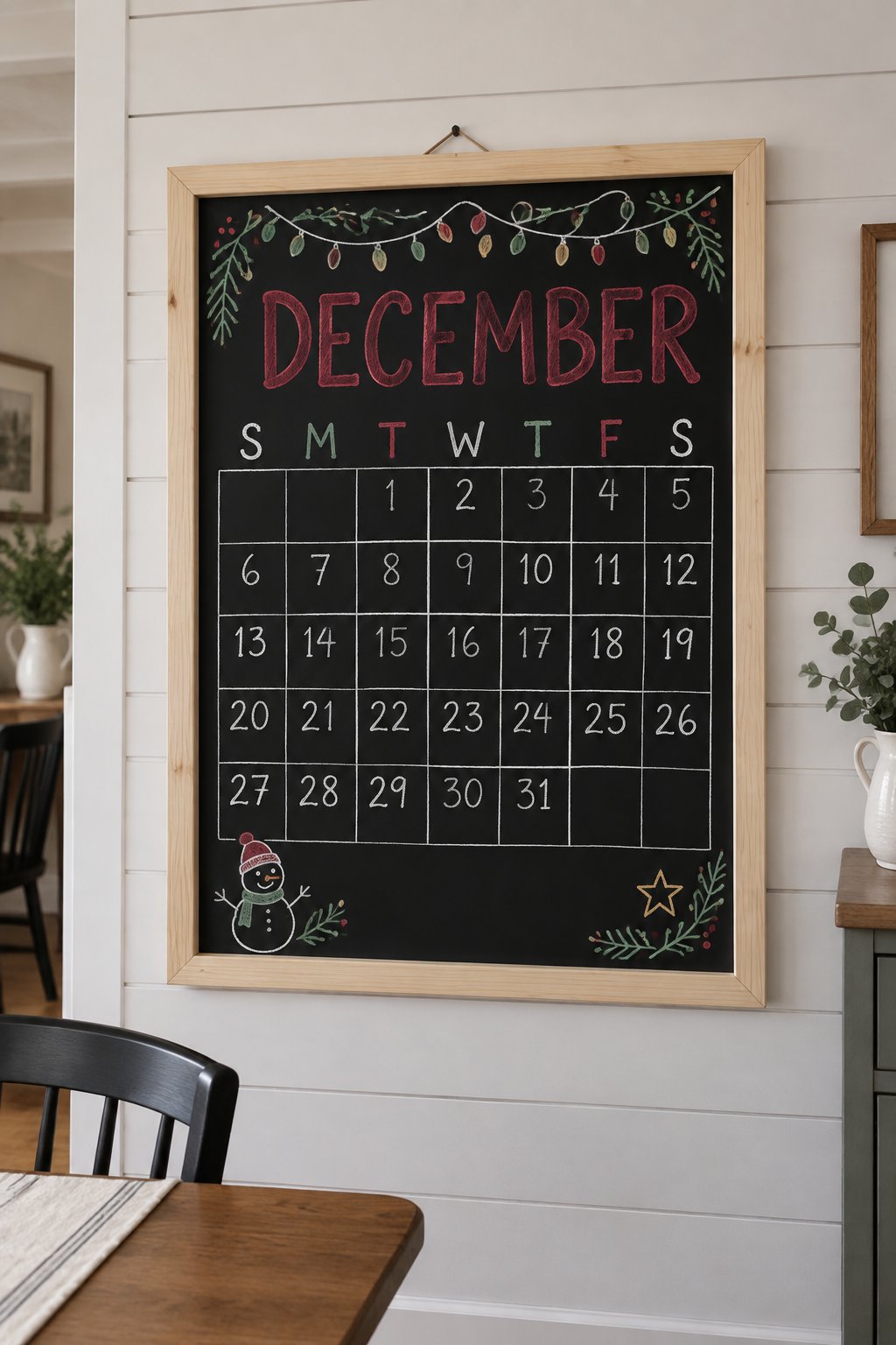 String Lights Grid: a hand-drawn christmas chalkboard sign reading "DECEMBER".
