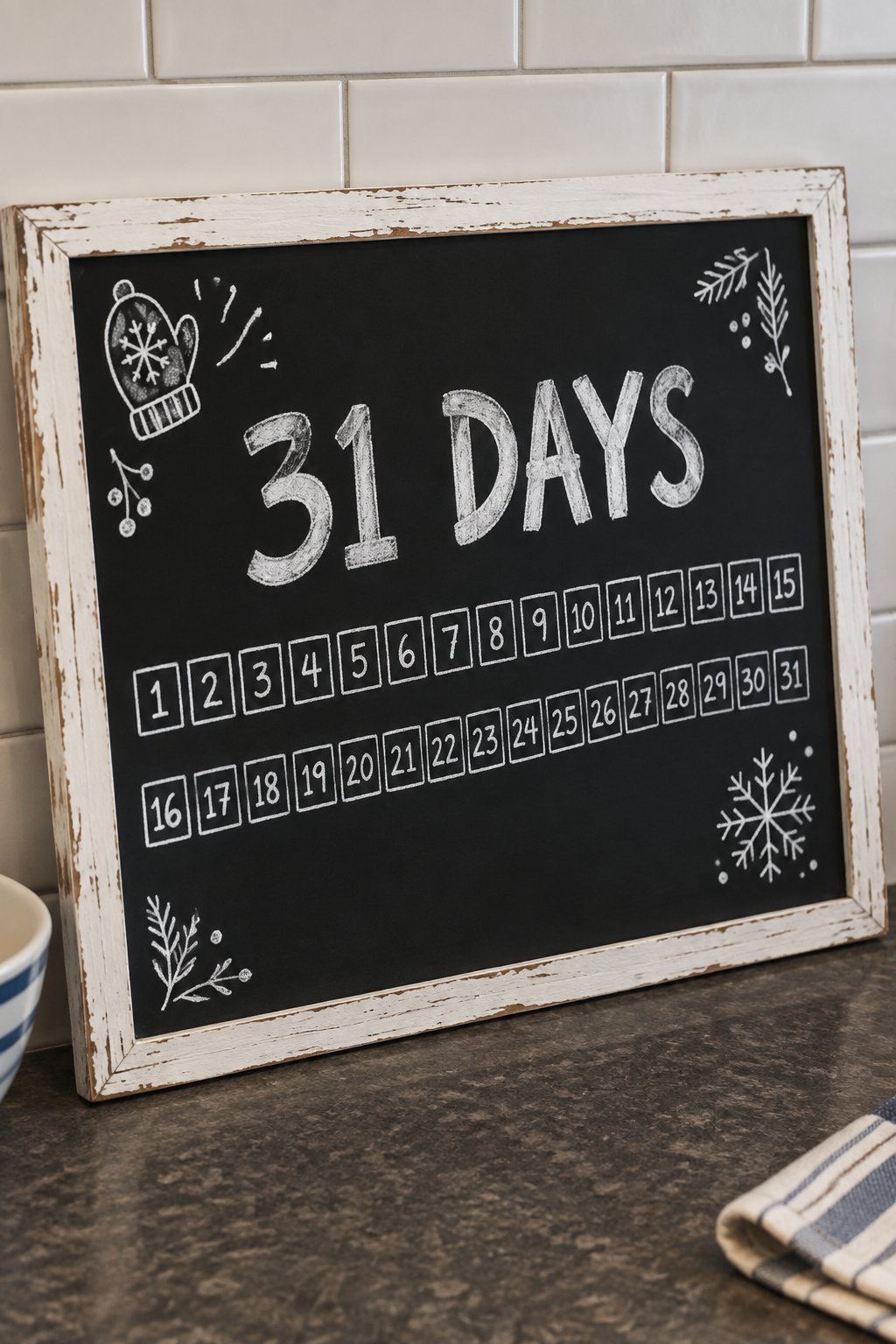 Thirty-One Day Boxes: a hand-drawn winter chalkboard sign reading "31 DAYS".