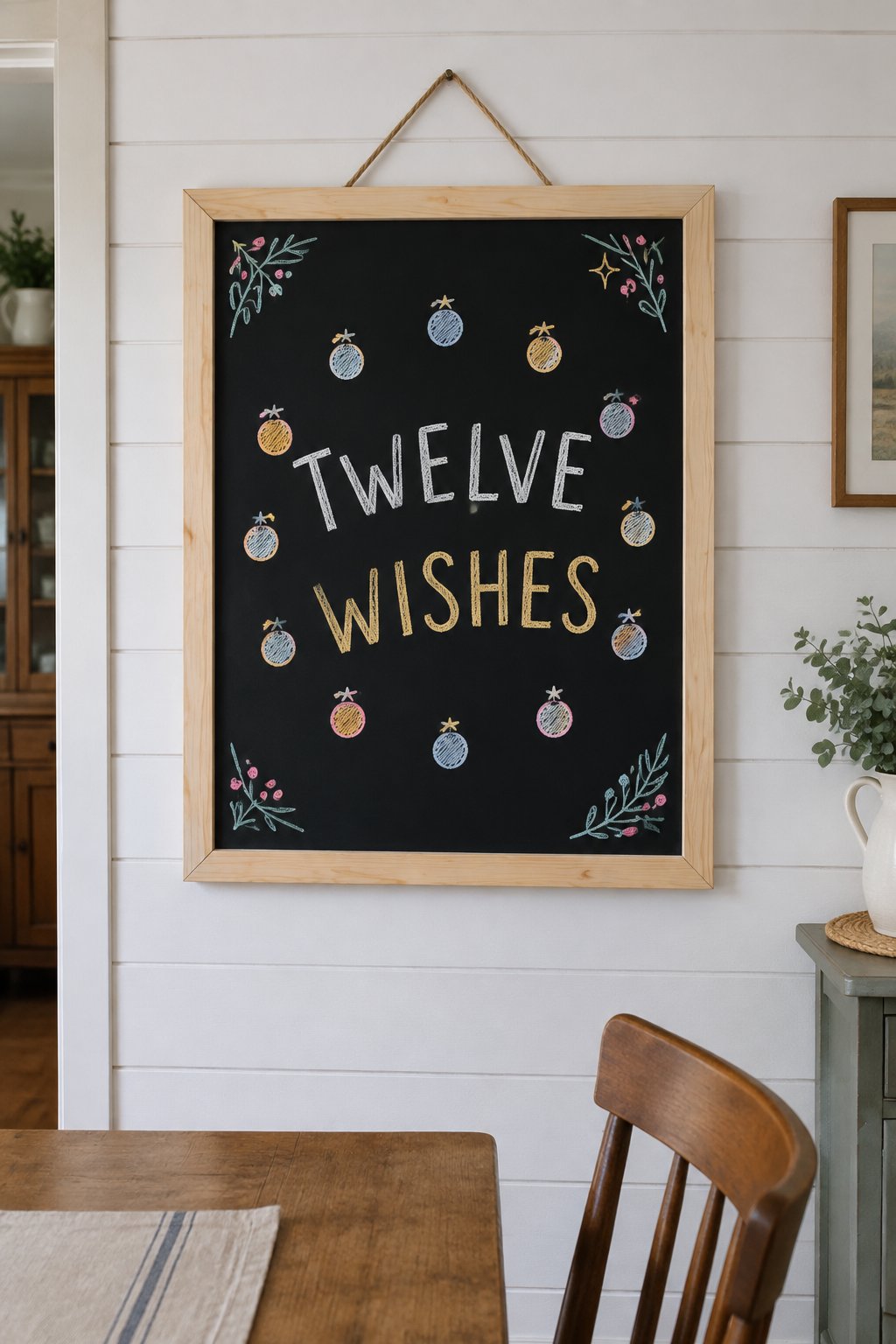 Twelve Wishes: a hand-drawn newyear chalkboard sign reading "TWELVE WISHES".