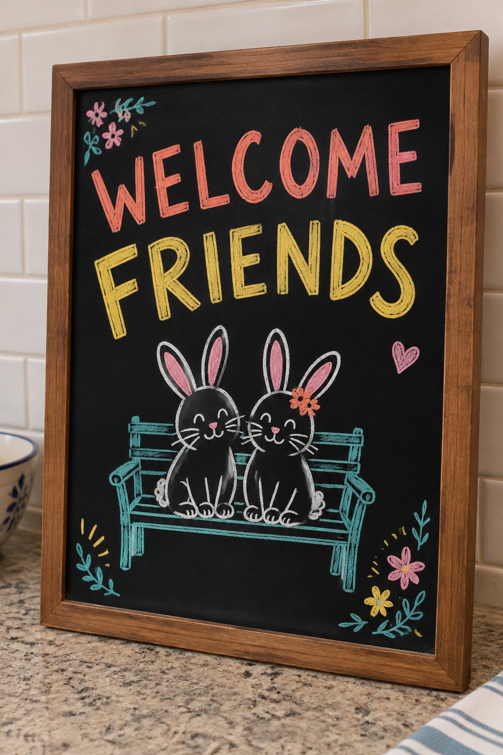 Bench Bunnies: a hand-drawn spring chalkboard sign reading "WELCOME FRIENDS".