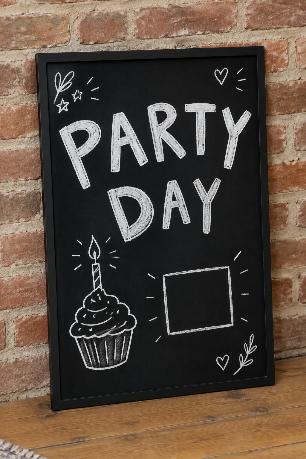 Birthday Month Countdown: a hand-drawn winter chalkboard sign reading "PARTY DAY".
