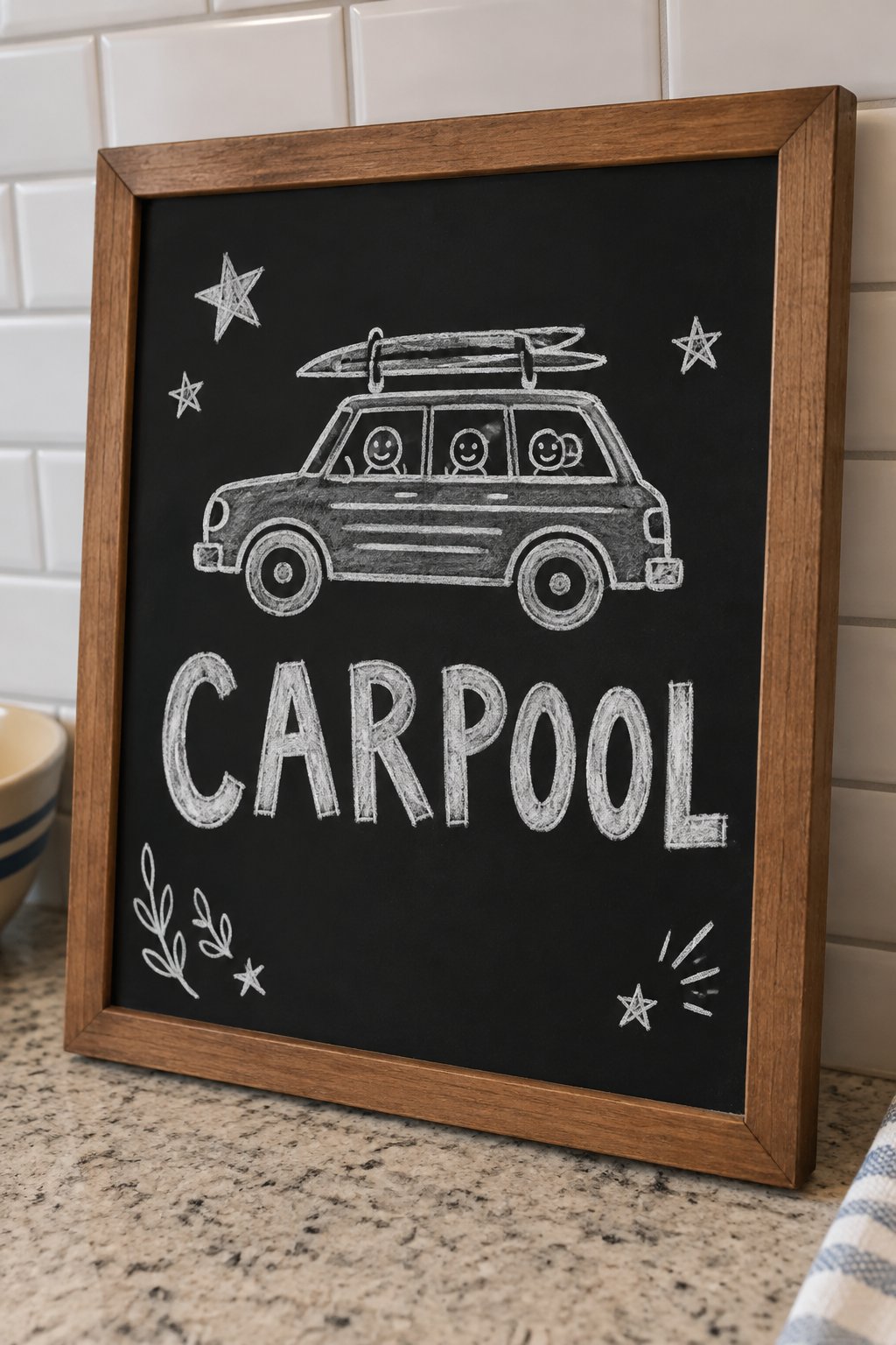Carpool Schedule: a hand-drawn winter chalkboard sign reading "CARPOOL".