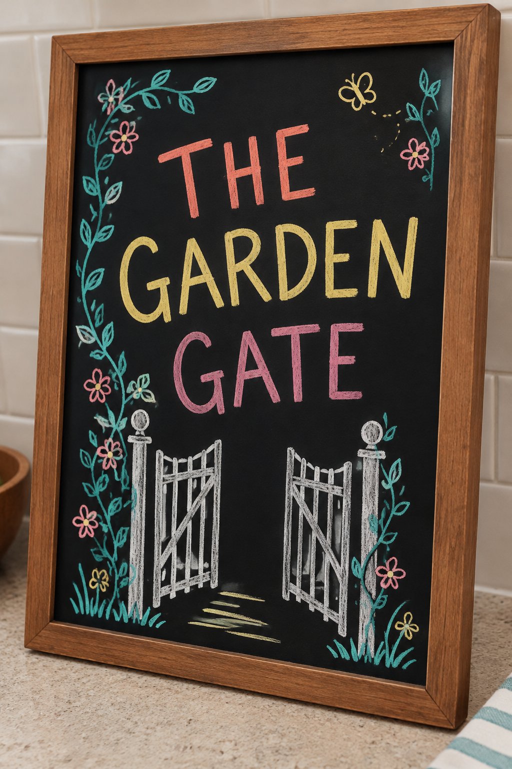Garden Gate: a hand-drawn spring chalkboard sign reading "THE GARDEN GATE".
