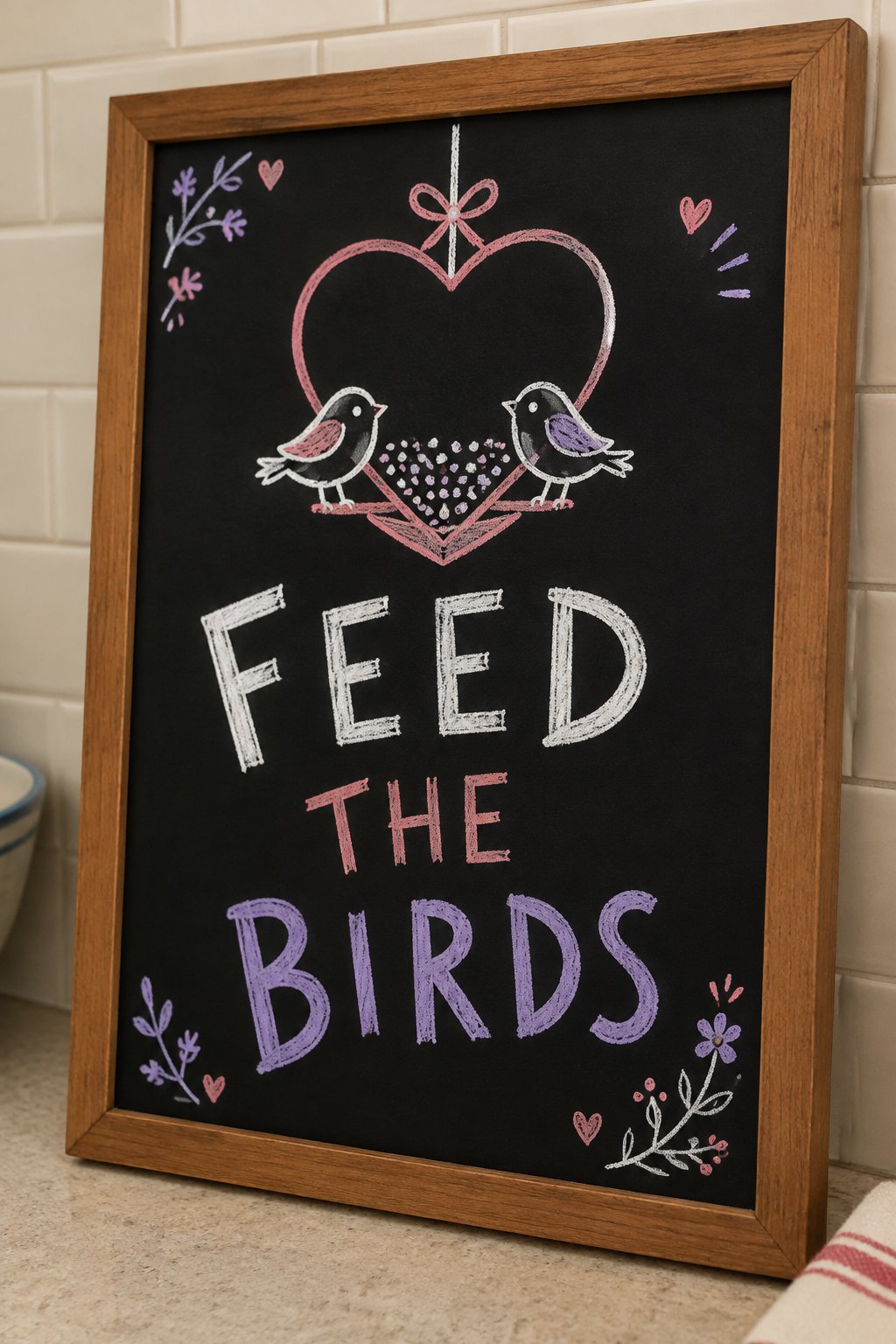 Heart Bird Feeder: a hand-drawn valentines chalkboard sign reading "FEED THE BIRDS".