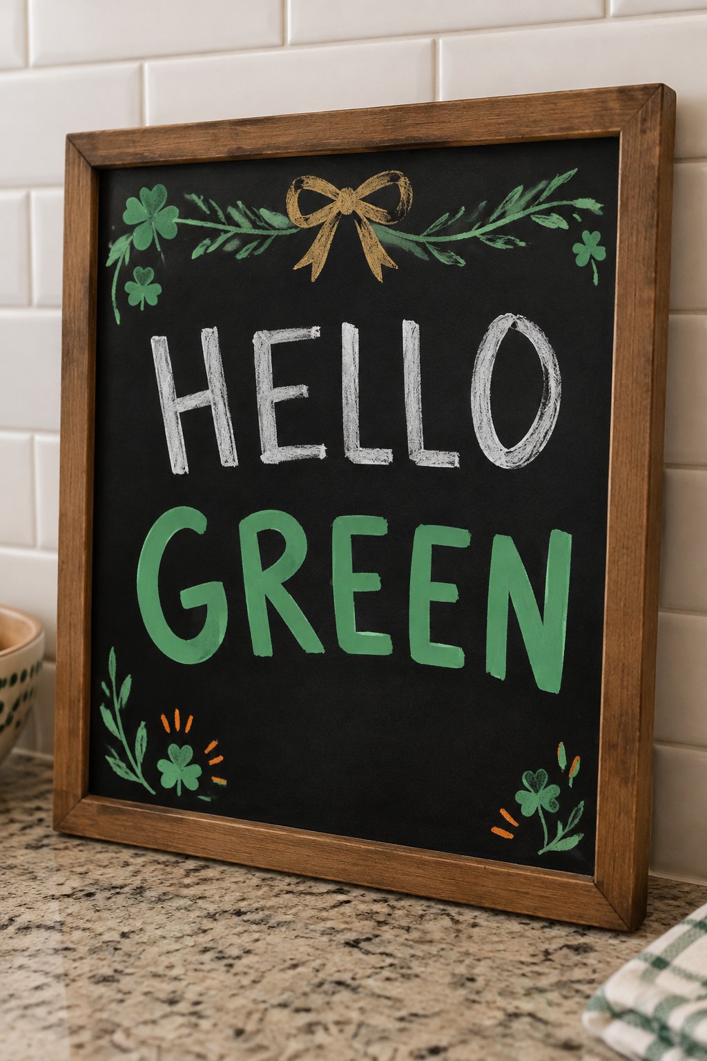 Hello Green: a hand-drawn stpatricks chalkboard sign reading "HELLO GREEN".