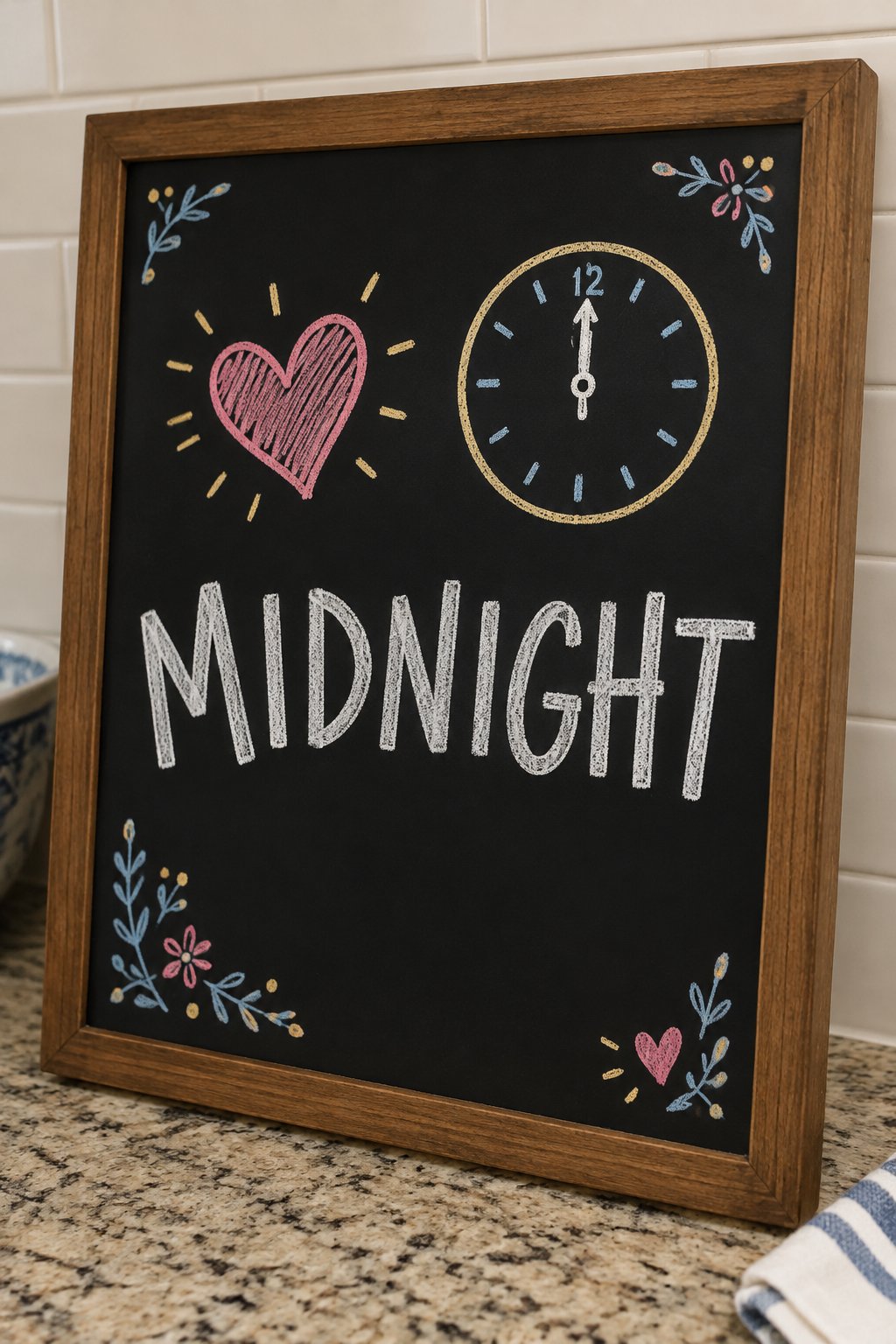 Midnight Hug: a hand-drawn newyear chalkboard sign reading "MIDNIGHT".