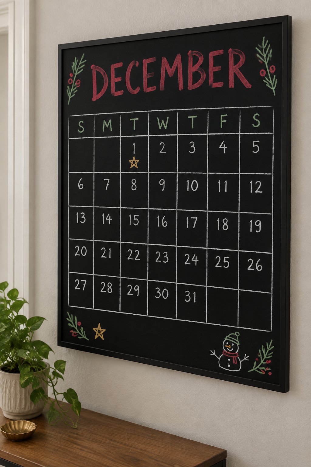 Simple Chalk Grid: a hand-drawn christmas chalkboard sign reading "DECEMBER".