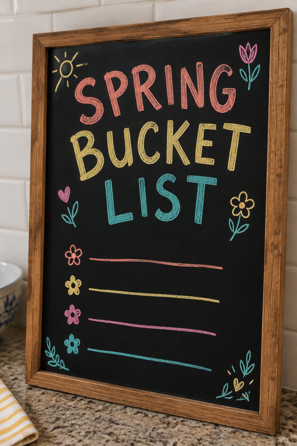 Spring Bucket List: a hand-drawn spring chalkboard sign reading "SPRING BUCKET LIST".