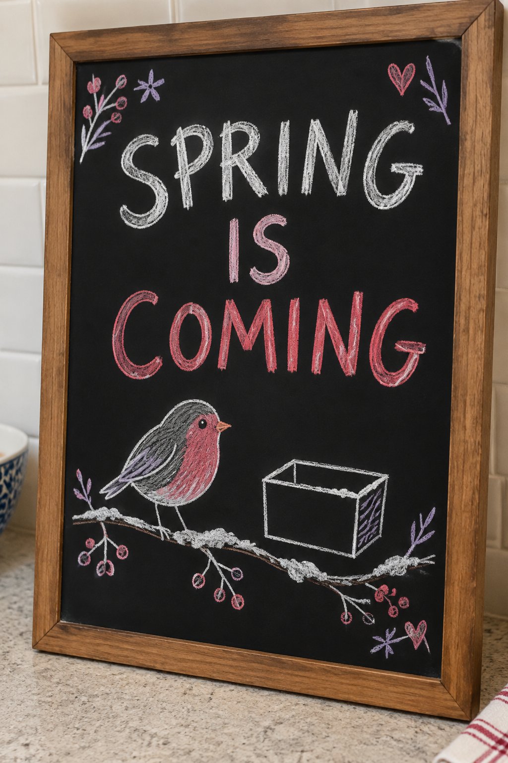 Spring Is Coming: a hand-drawn valentines chalkboard sign reading "SPRING IS COMING".