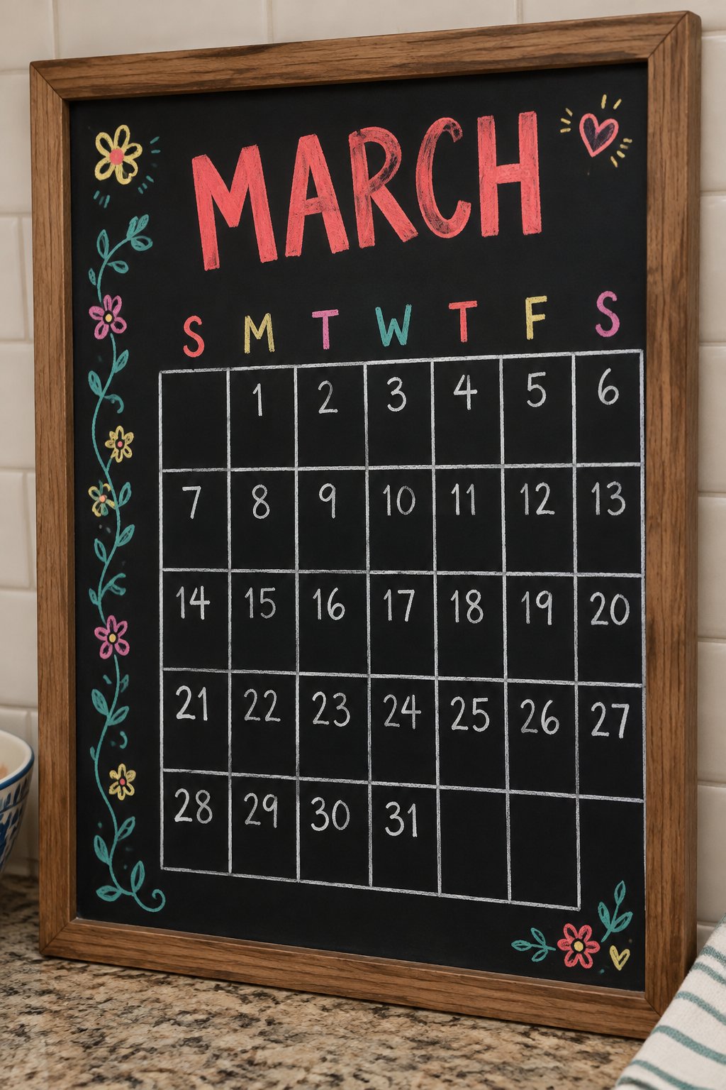 Spring Vines Grid: a hand-drawn spring chalkboard sign reading "MARCH".