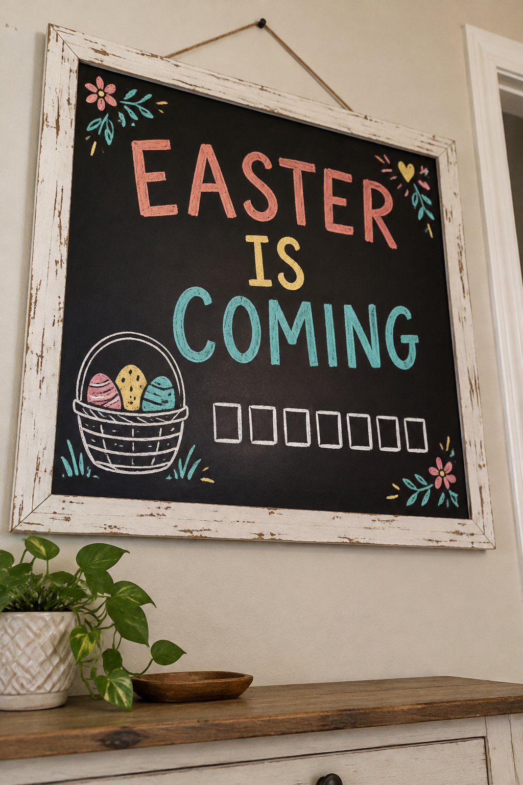 Basket Countdown: a hand-drawn spring chalkboard sign reading "EASTER IS COMING".