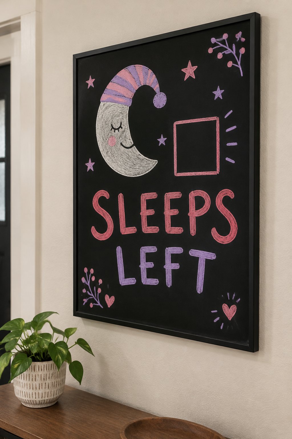 Bedtime Countdown: a hand-drawn valentines chalkboard sign reading "SLEEPS LEFT".