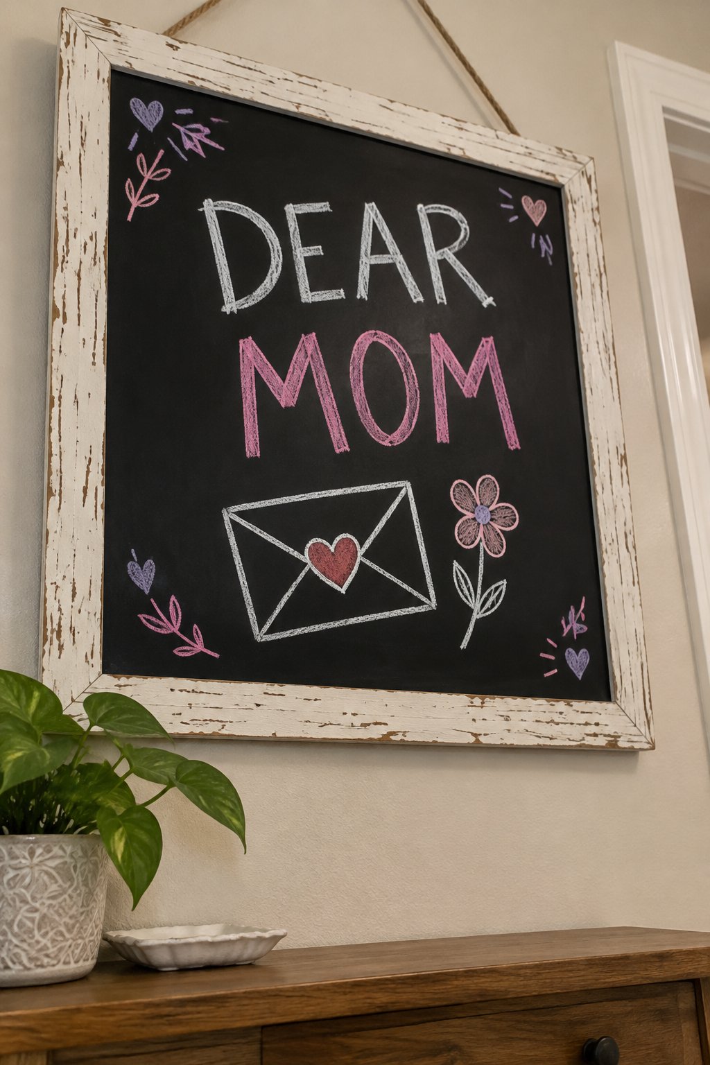 Dear Mom: a hand-drawn valentines chalkboard sign reading "DEAR MOM".