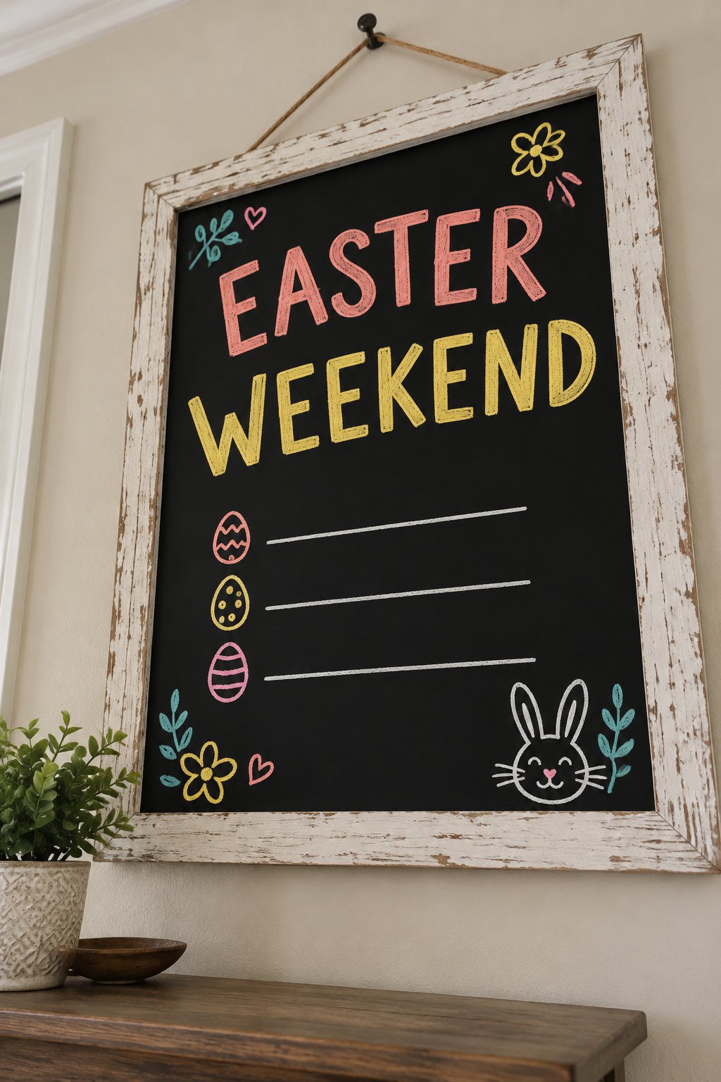 Easter Weekend Plan: a hand-drawn spring chalkboard sign reading "EASTER WEEKEND".
