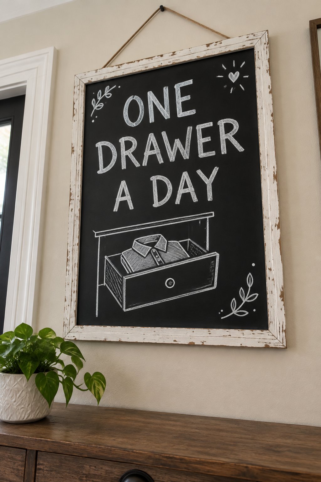 One Drawer a Day: a hand-drawn winter chalkboard sign reading "ONE DRAWER A DAY".
