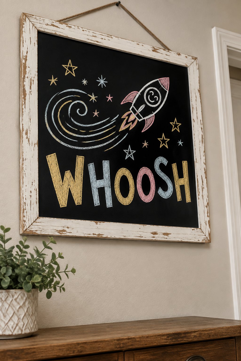 Rocket Launch: a hand-drawn newyear chalkboard sign reading "WHOOSH".