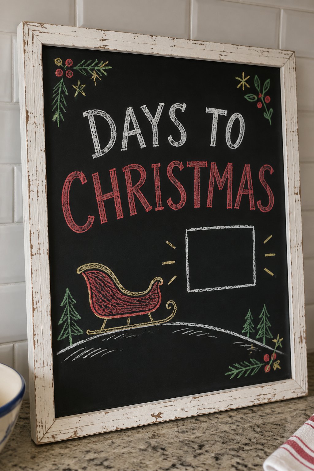 Santa's Sleigh Countdown: a hand-drawn christmas chalkboard sign reading "DAYS TO CHRISTMAS".