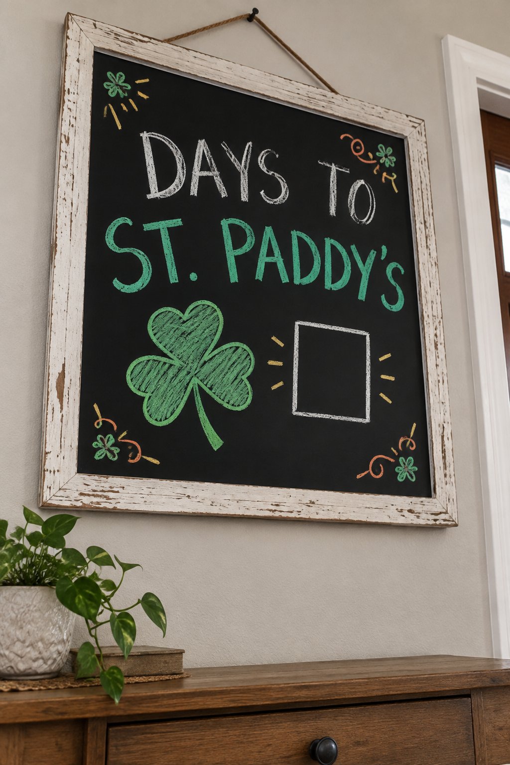 Shamrock Countdown: a hand-drawn stpatricks chalkboard sign reading "DAYS TO ST. PADDY’S".