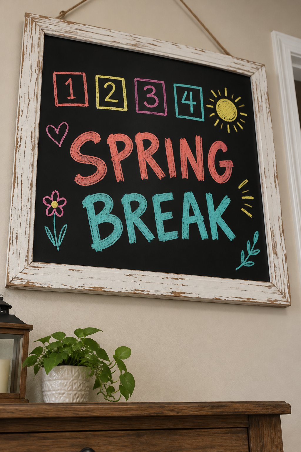 Spring Break Countdown: a hand-drawn spring chalkboard sign reading "SPRING BREAK".