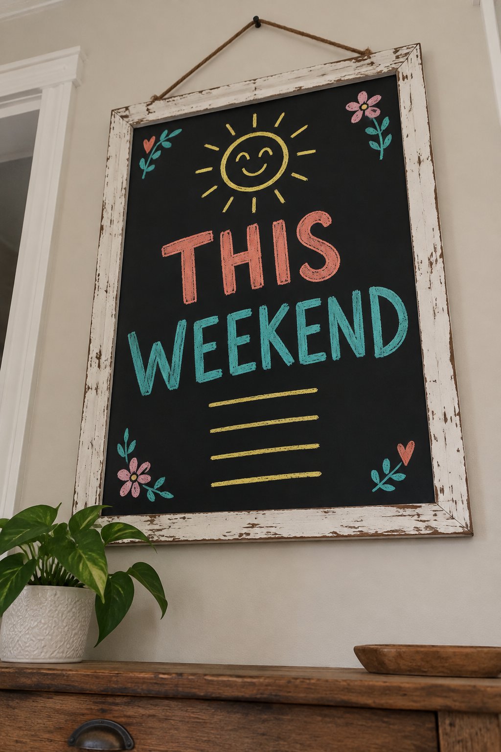 This Weekend: a hand-drawn spring chalkboard sign reading "THIS WEEKEND".