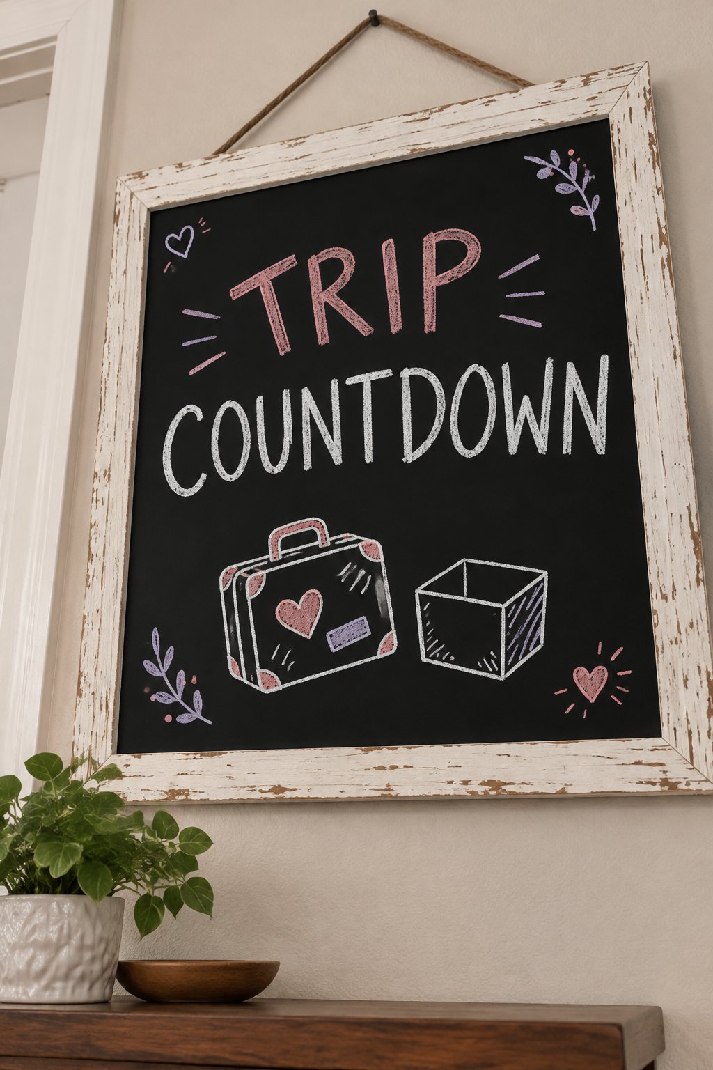 Trip Countdown: a hand-drawn valentines chalkboard sign reading "TRIP COUNTDOWN".
