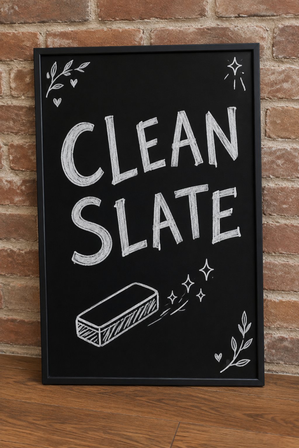 Clean Slate: a hand-drawn winter chalkboard sign reading "CLEAN SLATE".