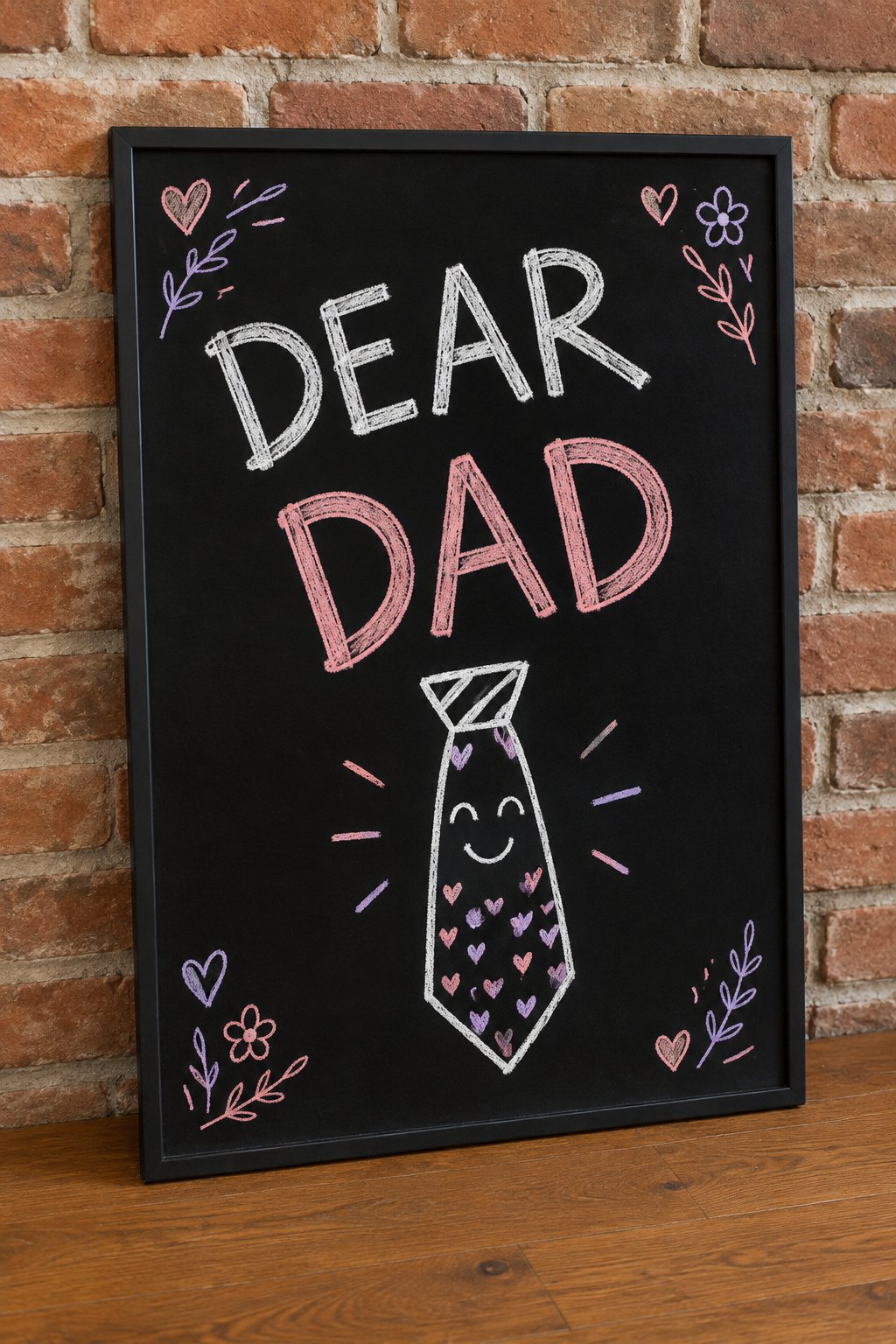 Dear Dad: a hand-drawn valentines chalkboard sign reading "DEAR DAD".