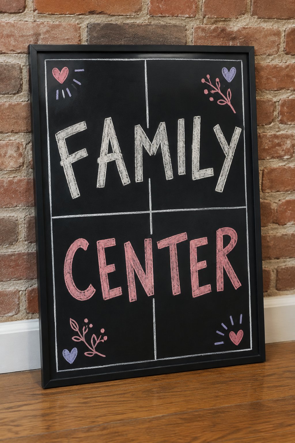 Family Command Center: a hand-drawn valentines chalkboard sign reading "FAMILY CENTER".
