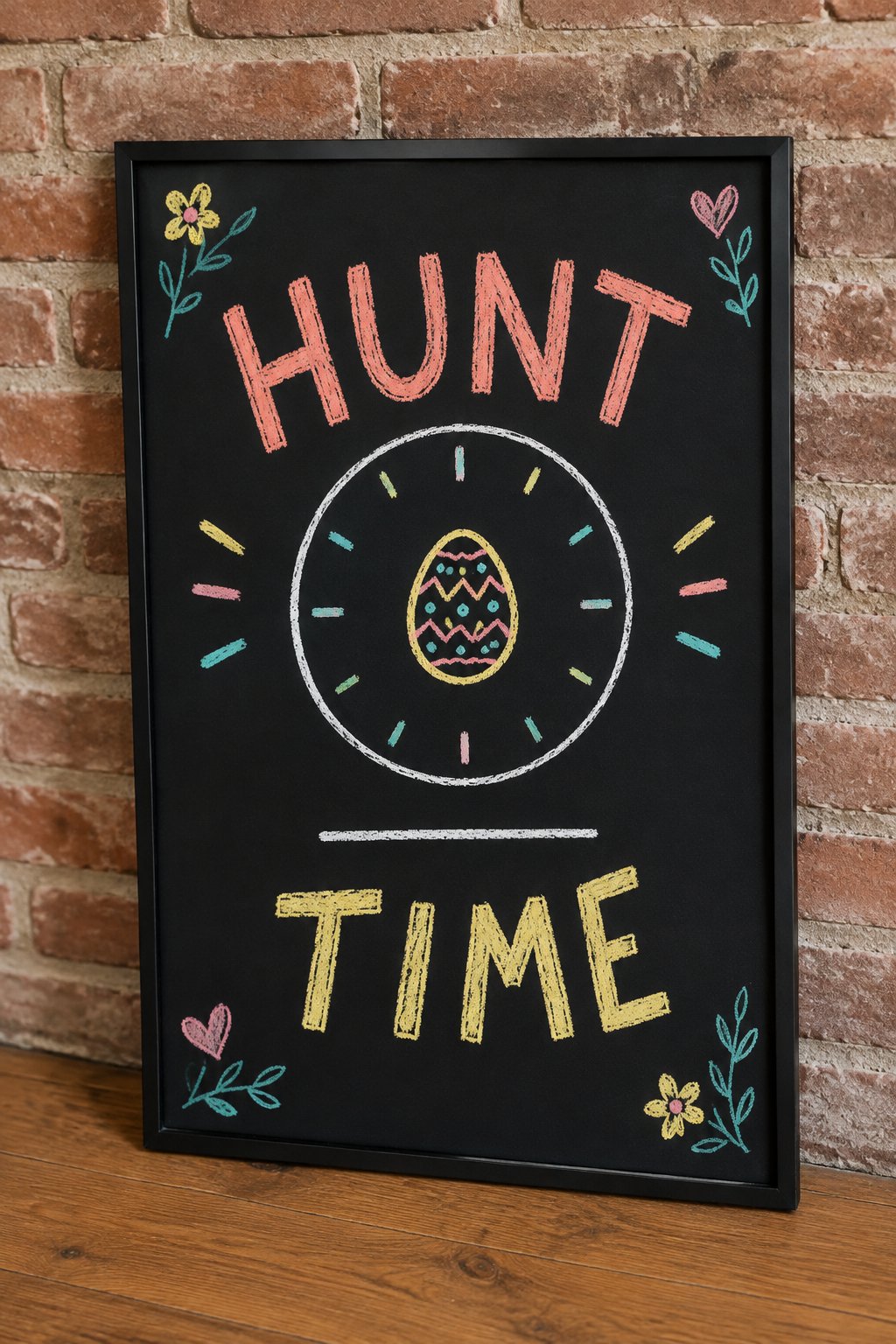 Hunt Time: a hand-drawn spring chalkboard sign reading "HUNT TIME".