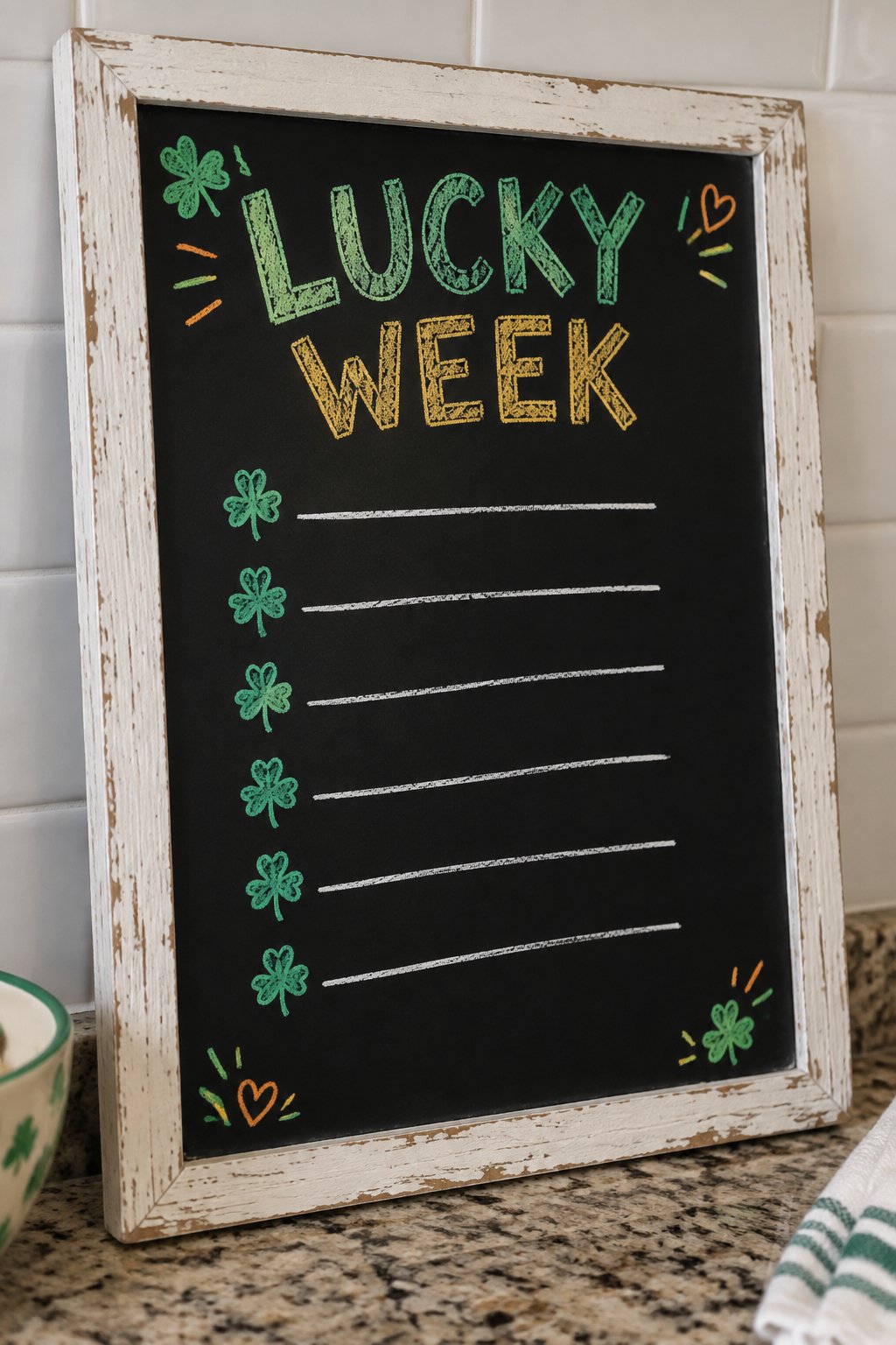 Lucky Week Plan: a hand-drawn stpatricks chalkboard sign reading "LUCKY WEEK".
