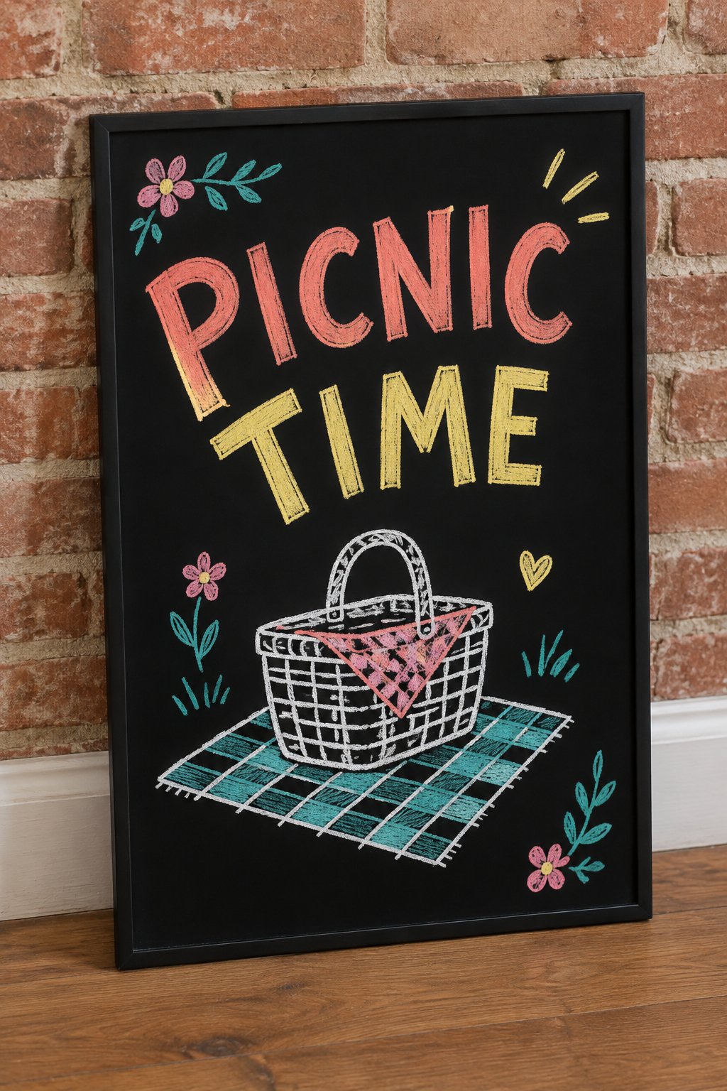Picnic Basket: a hand-drawn spring chalkboard sign reading "PICNIC TIME".
