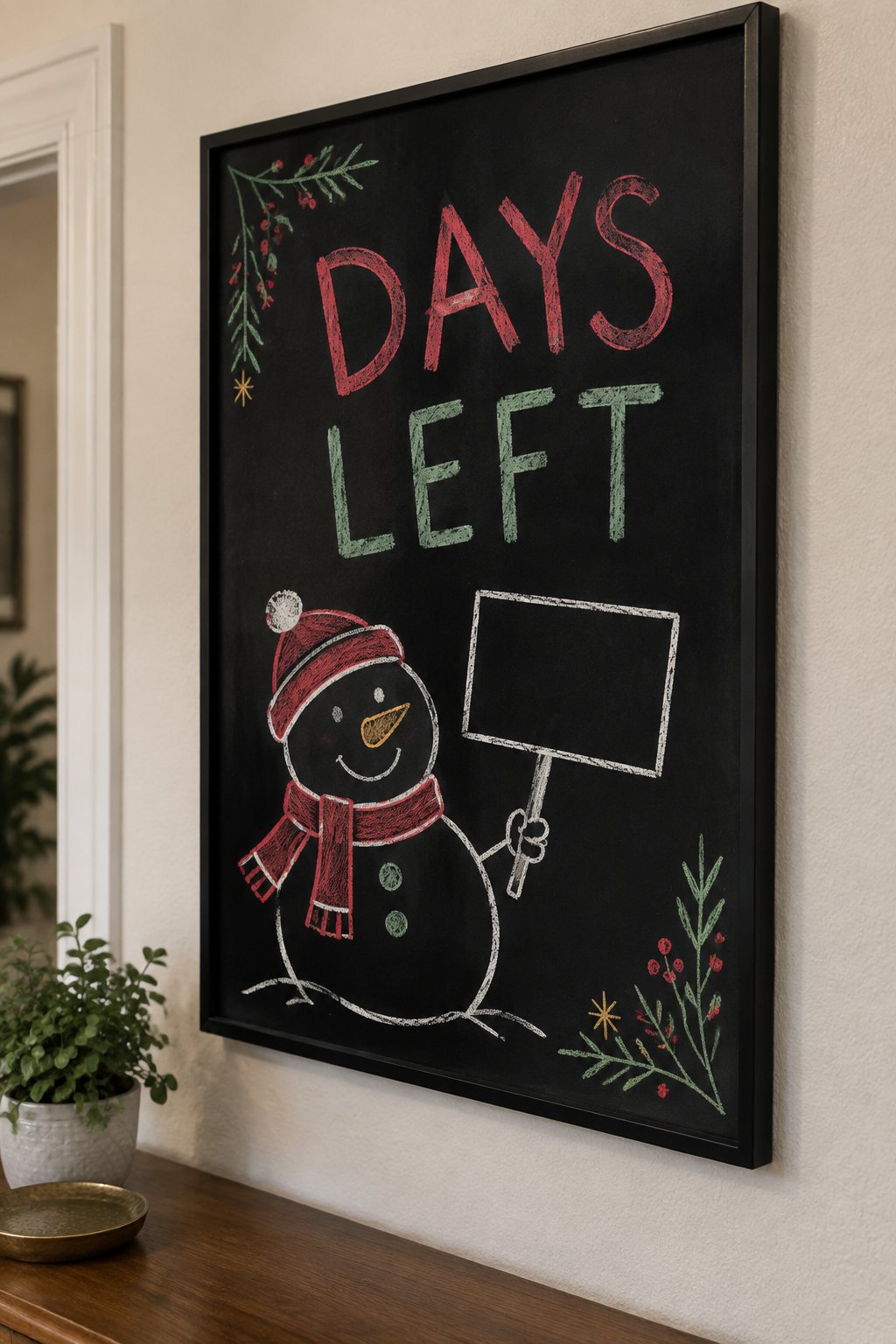 Snowman Day Counter: a hand-drawn christmas chalkboard sign reading "DAYS LEFT".