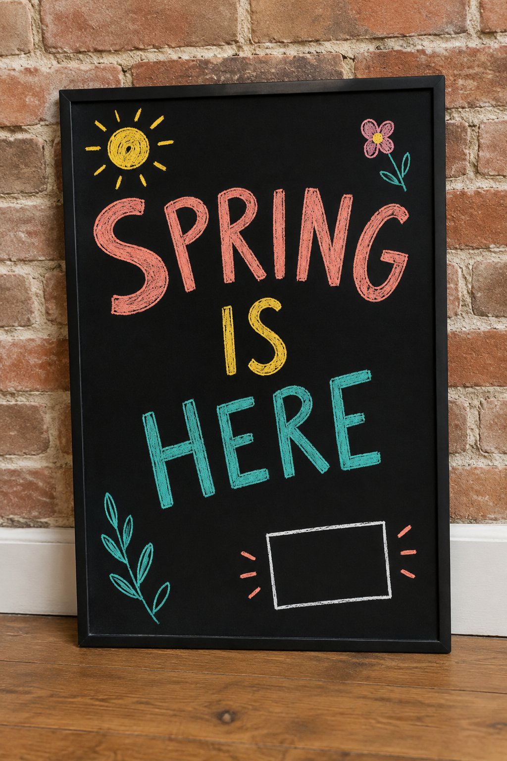 Spring Equinox Countdown: a hand-drawn spring chalkboard sign reading "SPRING IS HERE".