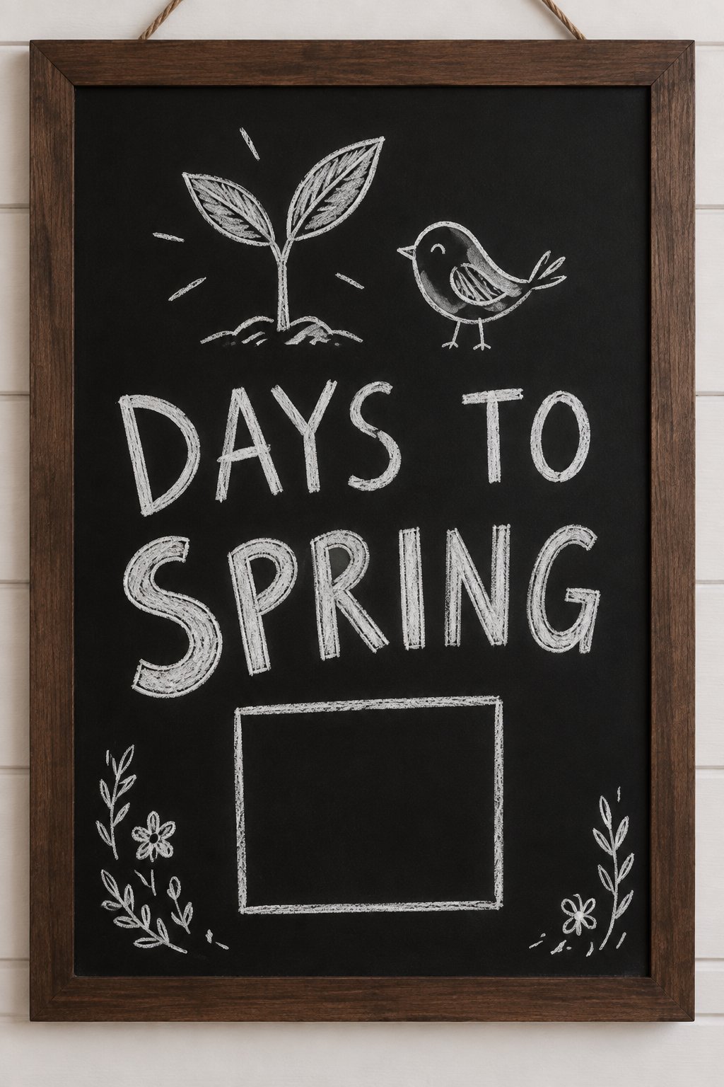 Spring Is Near: a hand-drawn winter chalkboard sign reading "DAYS TO SPRING".