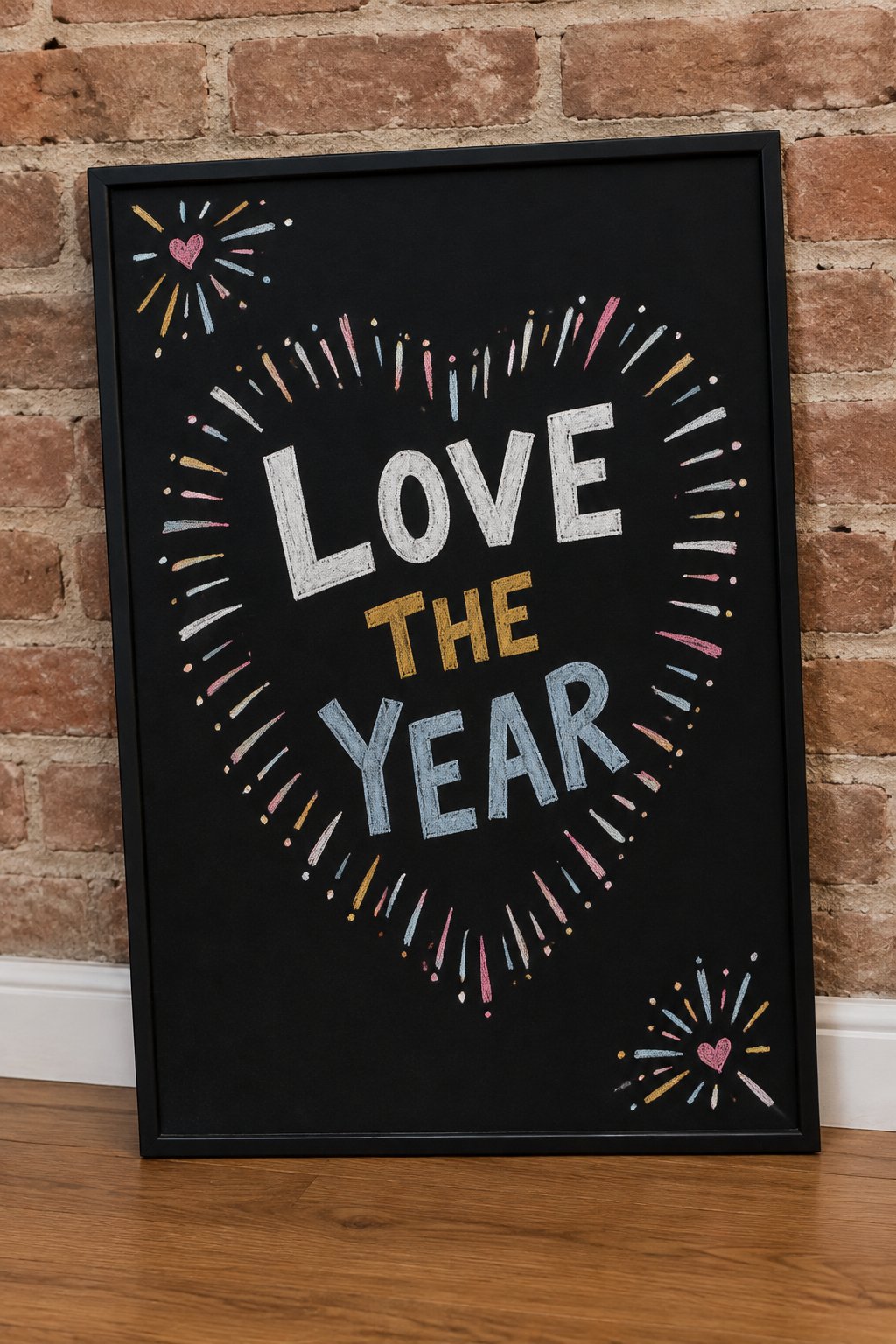 Starburst Heart: a hand-drawn newyear chalkboard sign reading "LOVE THE YEAR".