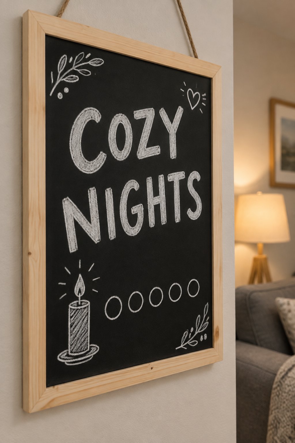 Cozy Nights Count: a hand-drawn winter chalkboard sign reading "COZY NIGHTS".