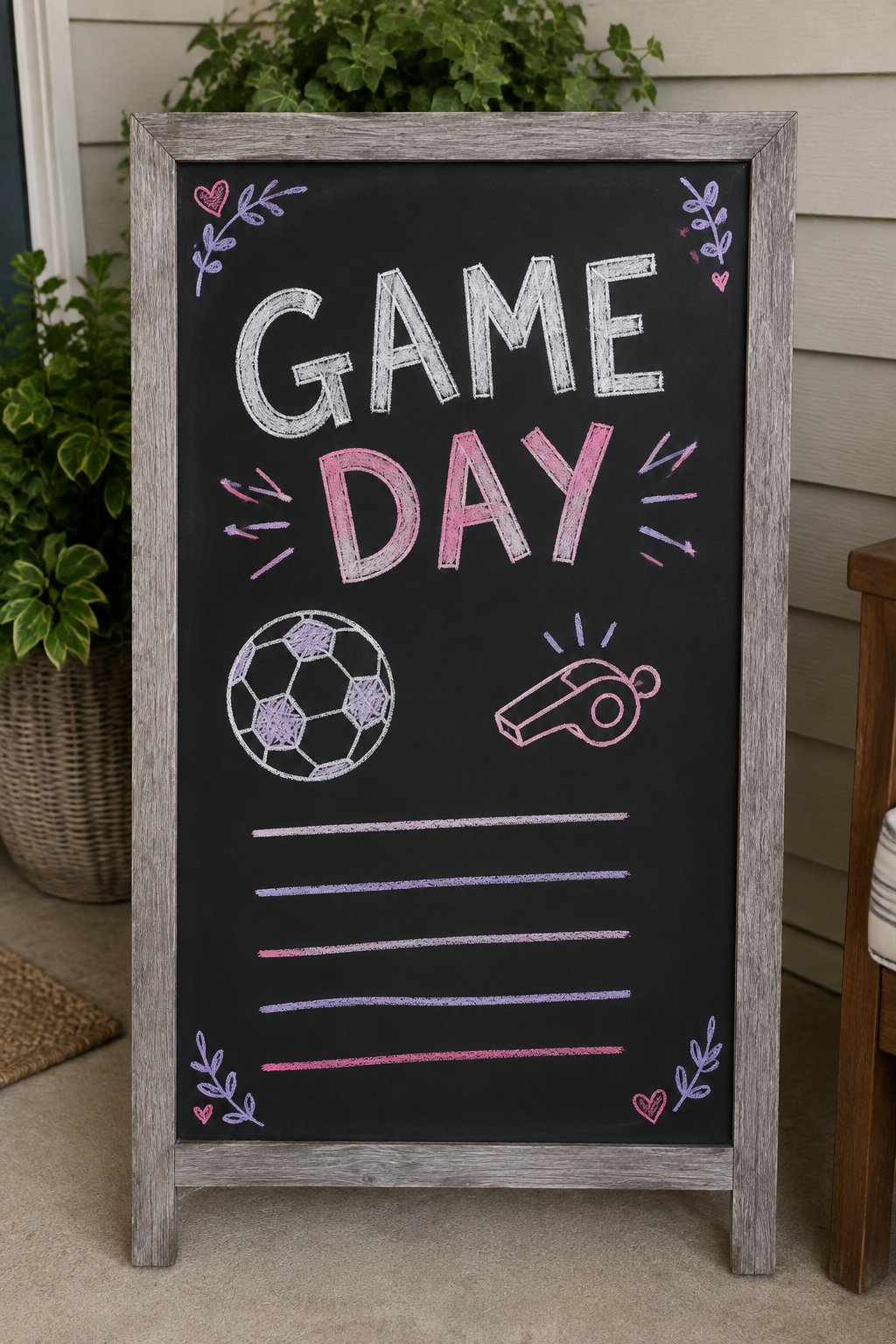 Game Day Schedule: a hand-drawn valentines chalkboard sign reading "GAME DAY".