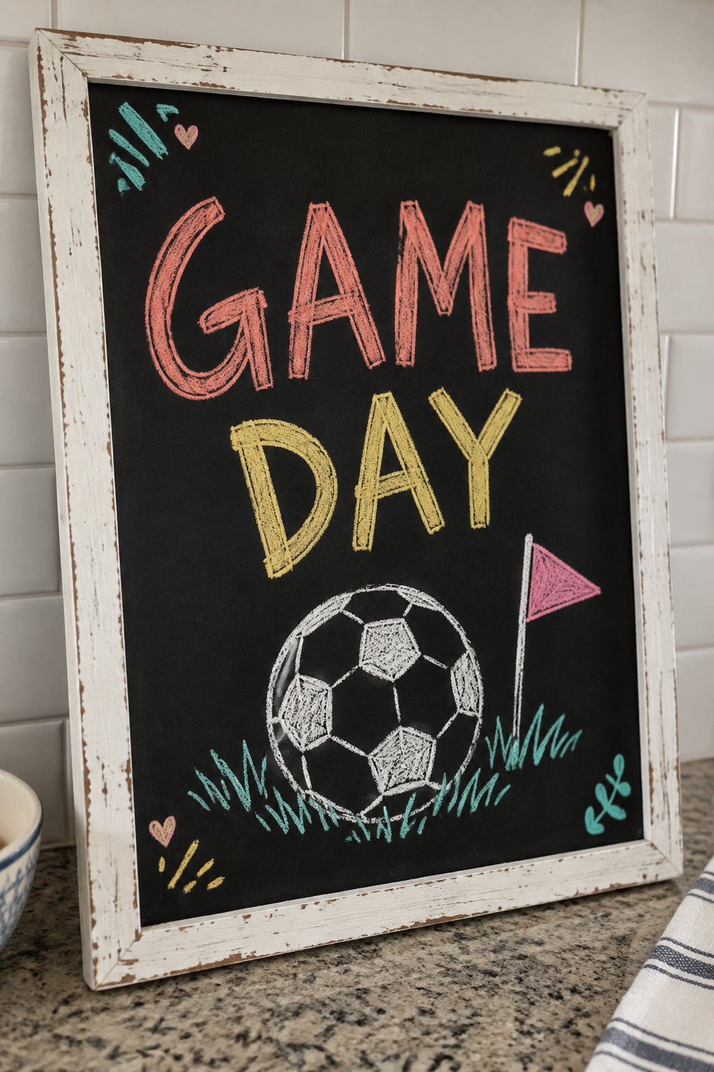 Game Day: a hand-drawn spring chalkboard sign reading "GAME DAY".