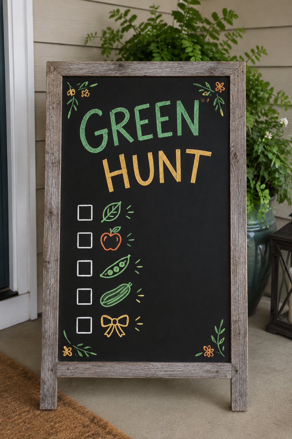 Green Hunt List: a hand-drawn stpatricks chalkboard sign reading "GREEN HUNT".