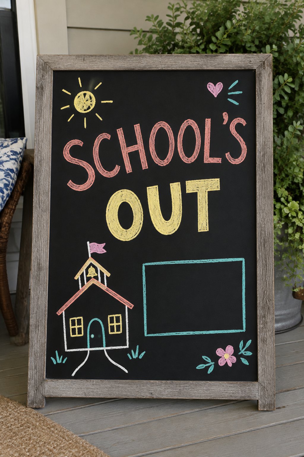 Last Day of School: a hand-drawn spring chalkboard sign reading "SCHOOL'S OUT".