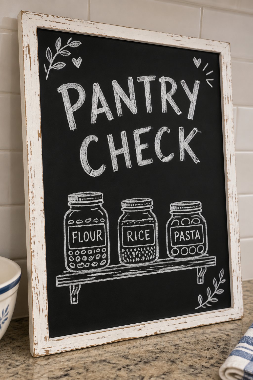 Pantry Check: a hand-drawn winter chalkboard sign reading "PANTRY CHECK".