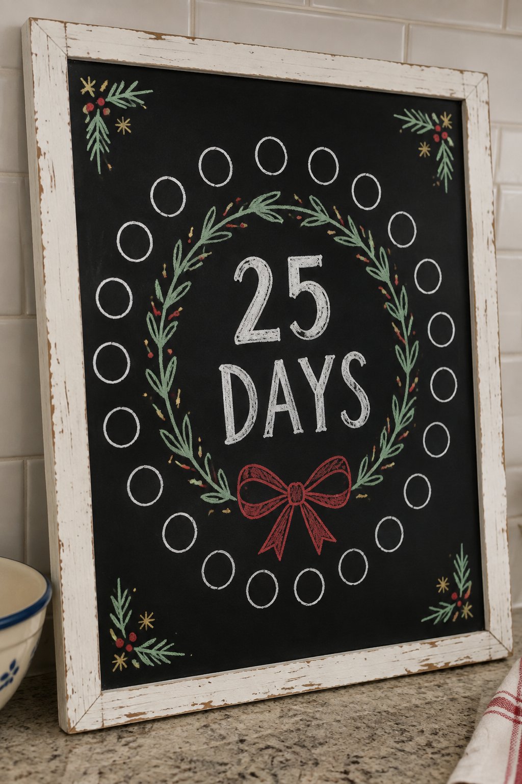 Wreath Day by Day: a hand-drawn christmas chalkboard sign reading "25 DAYS".