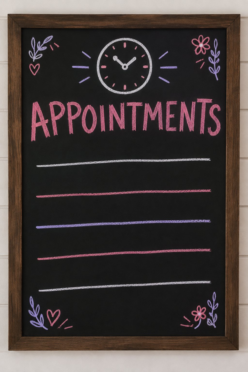 Appointments: a hand-drawn valentines chalkboard sign reading "APPOINTMENTS".