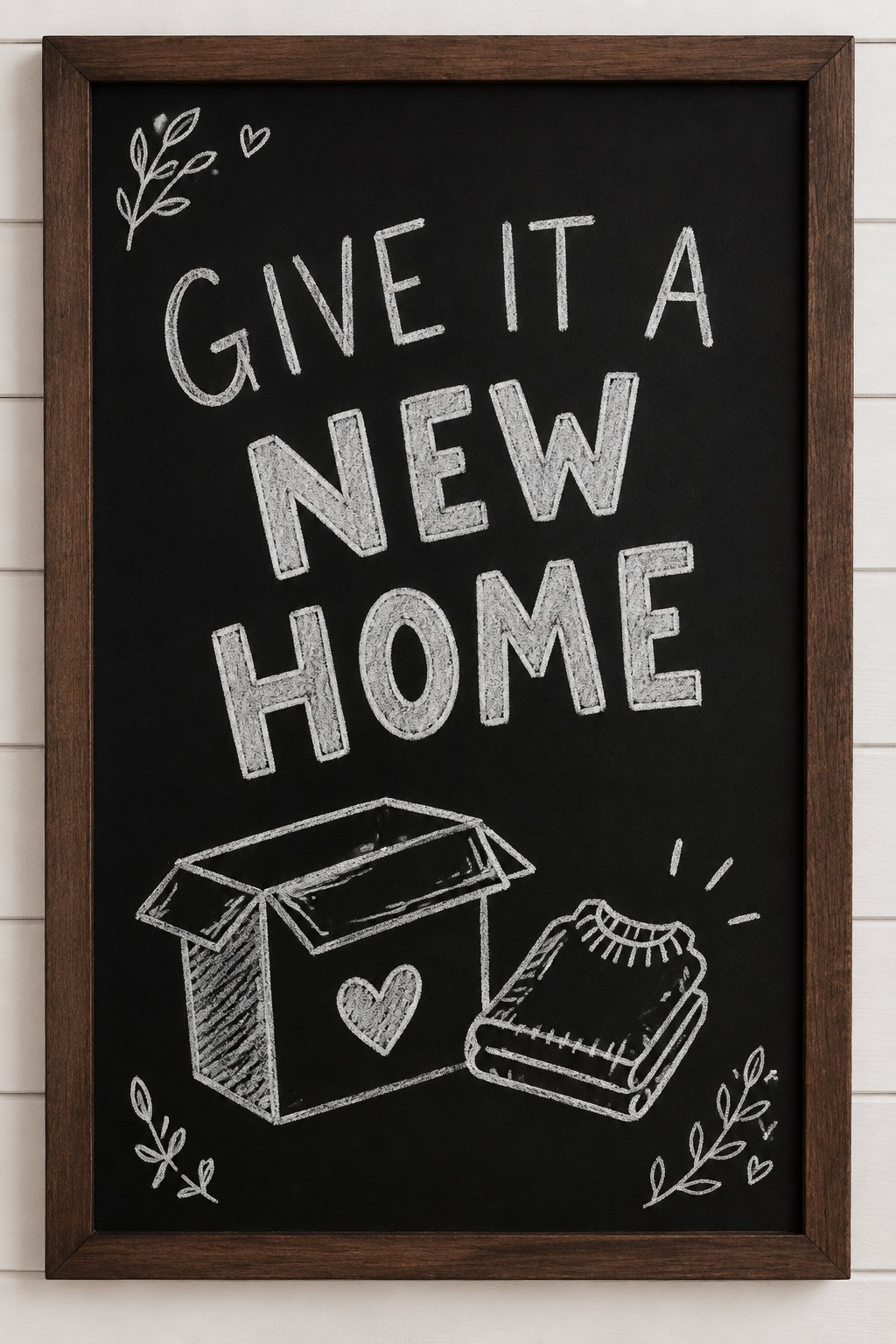 Donation Box: a hand-drawn winter chalkboard sign reading "GIVE IT A NEW HOME".