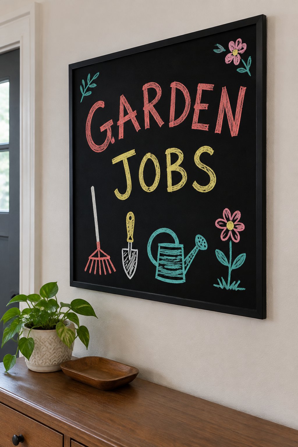 Garden Jobs: a hand-drawn spring chalkboard sign reading "GARDEN JOBS".
