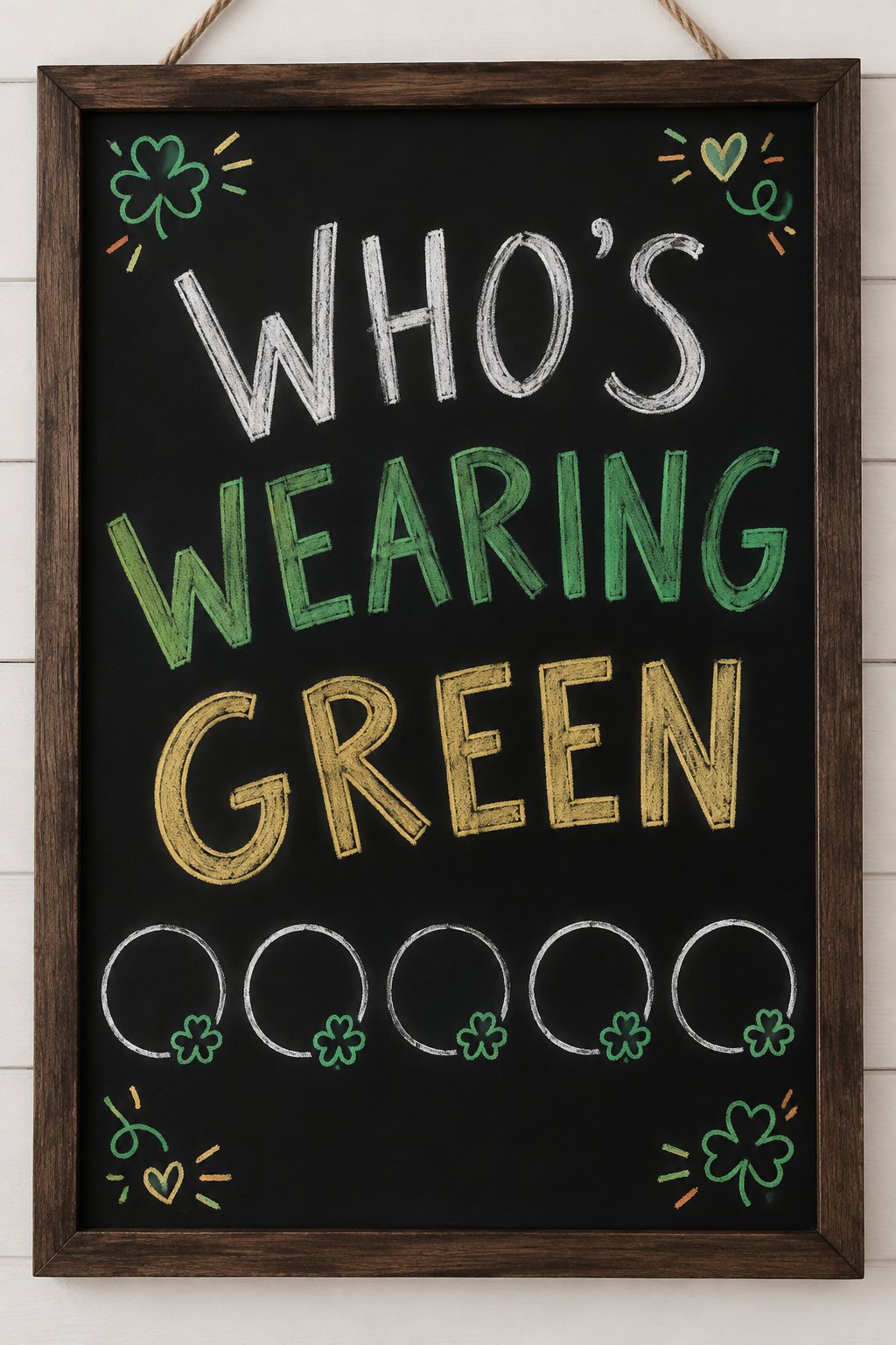 Green Check-In: a hand-drawn stpatricks chalkboard sign reading "WHO’S WEARING GREEN".