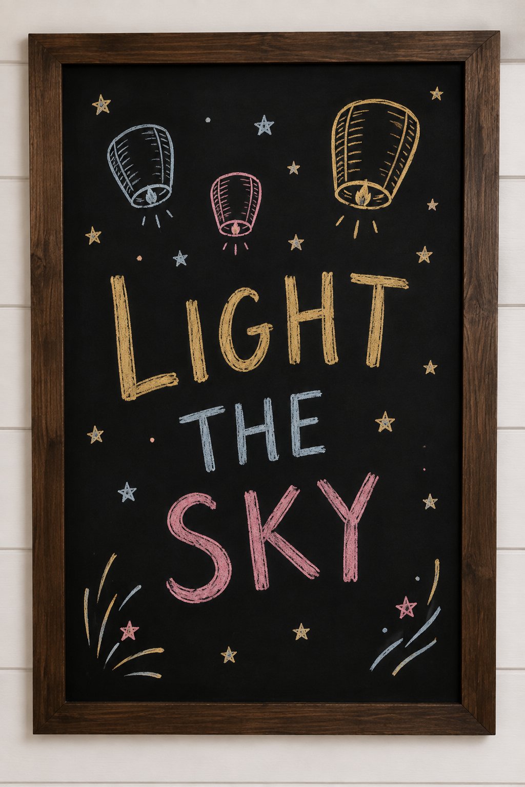 Lantern Release: a hand-drawn newyear chalkboard sign reading "LIGHT THE SKY".