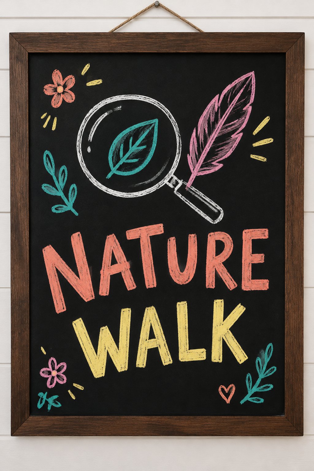 Nature Walk: a hand-drawn spring chalkboard sign reading "NATURE WALK".
